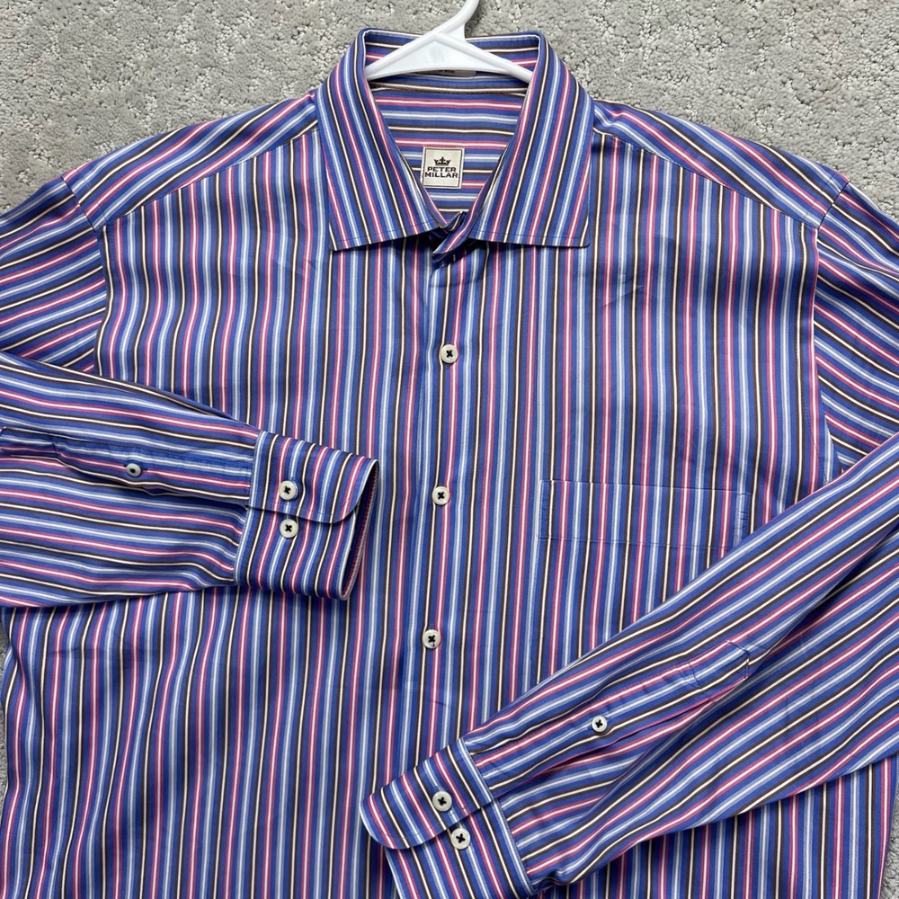 Peter Millar Shirt Mens Medium Blue Pink Brown Striped Long Sleeve Button Up